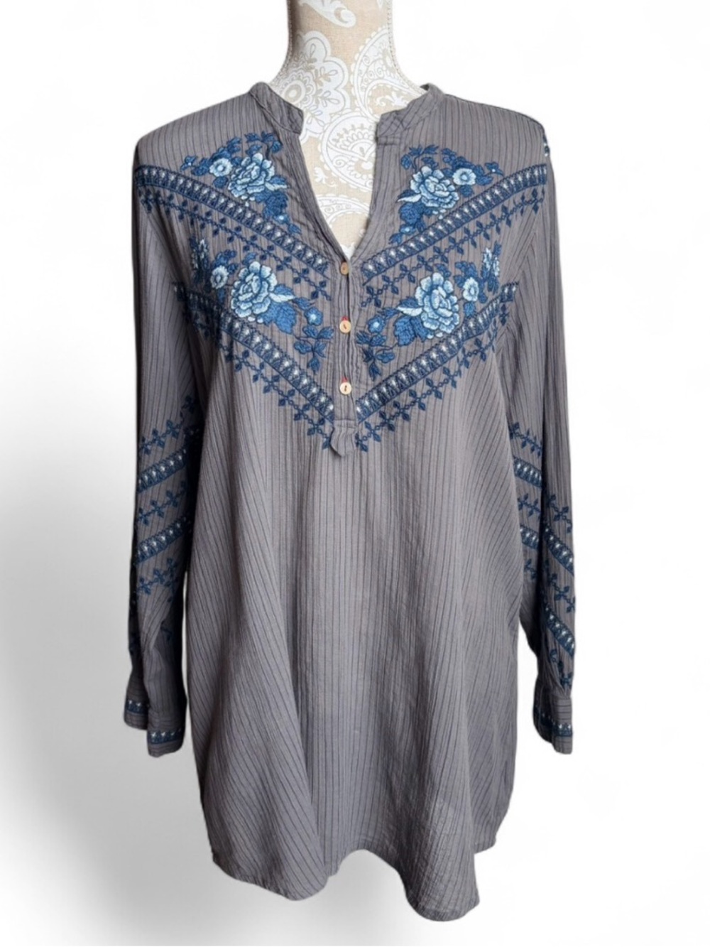 Johnny Was Gray Tunic with Blue Floral Embroidery